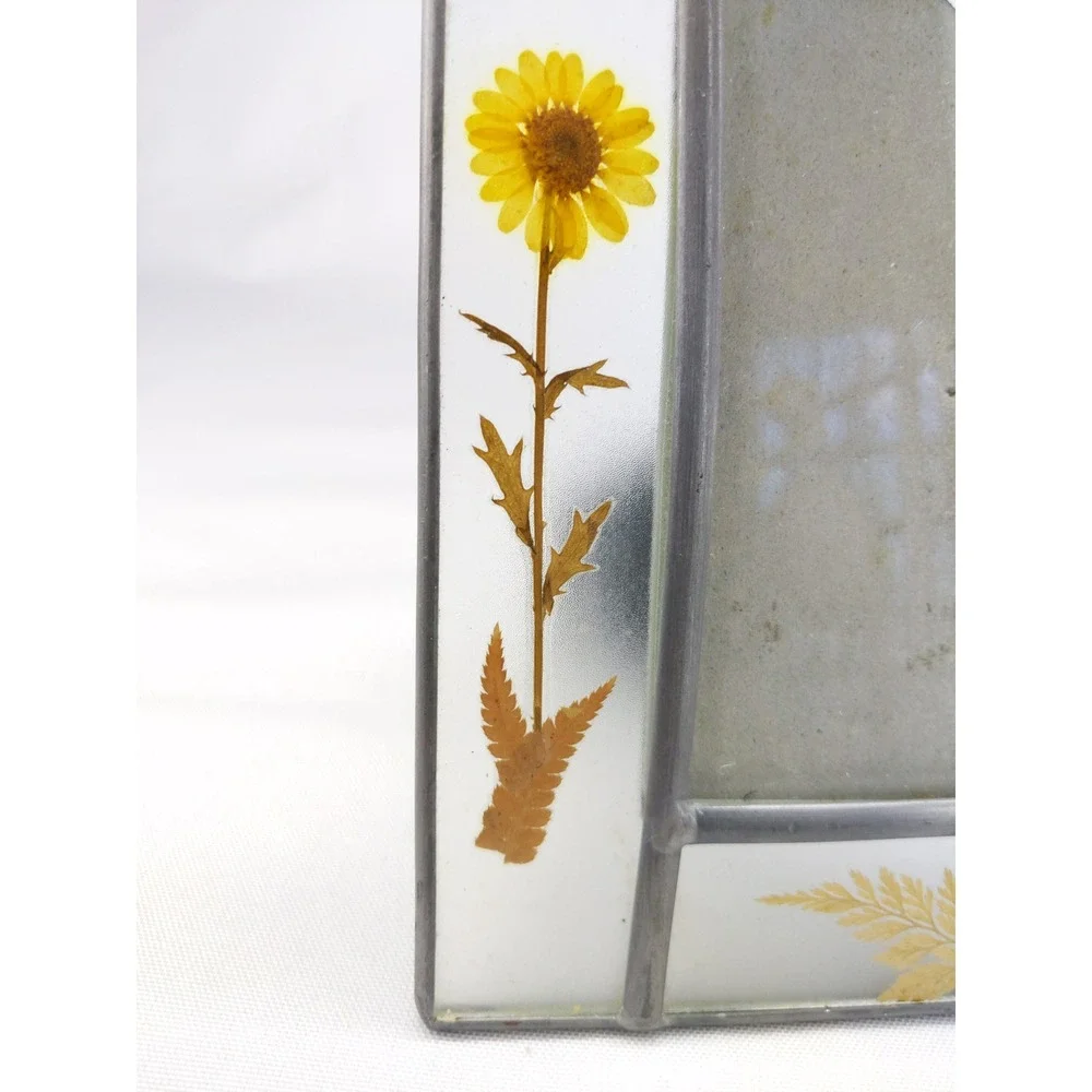 Vintage Stained Glass Picture Frame Clear Pressed Dried Flowers Leaded Metal